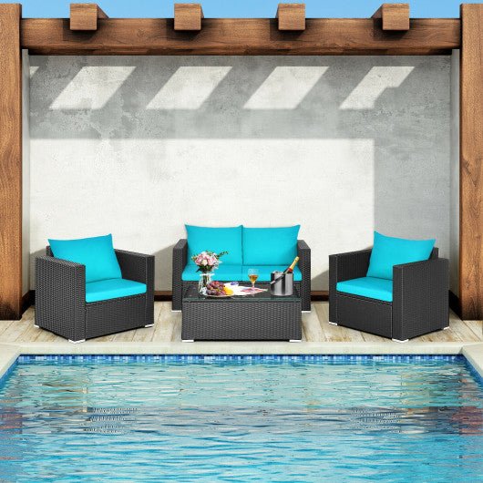  - 4 Pieces Patio Rattan Conversation Set with Cushions and Coffee Table - Outdoor Style Company