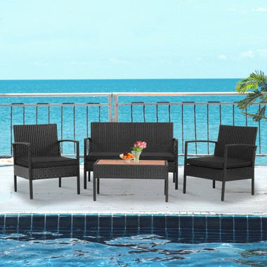  - 4 Pieces Patio Rattan Cushioned Furniture Set with Wooden Tabletop - Outdoor Style Company