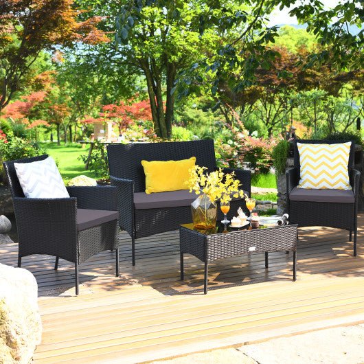  - 4 Pieces Patio Rattan Cushioned Sofa Set with Tempered Glass Coffee Table - Outdoor Style Company