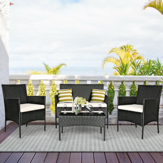  - 4 Pieces Patio Rattan Cushioned Sofa Set with Tempered Glass Coffee Table - Outdoor Style Company