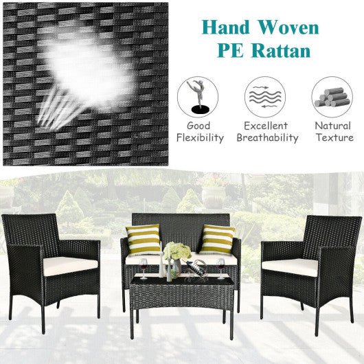  - 4 Pieces Patio Rattan Cushioned Sofa Set with Tempered Glass Coffee Table - Outdoor Style Company