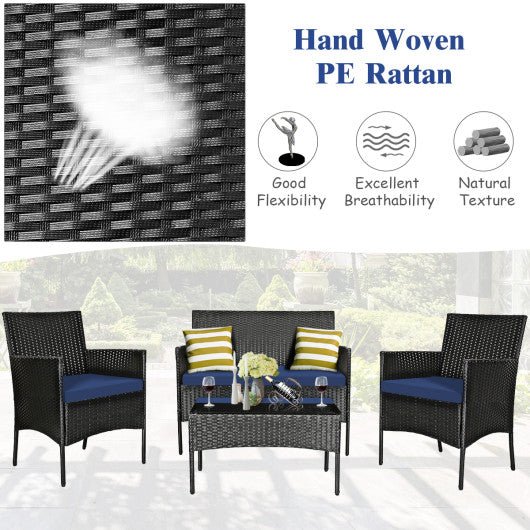  - 4 Pieces Patio Rattan Cushioned Sofa Set with Tempered Glass Coffee Table - Outdoor Style Company