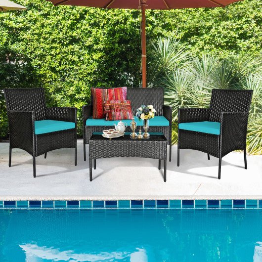  - 4 Pieces Patio Rattan Cushioned Sofa Set with Tempered Glass Coffee Table - Outdoor Style Company