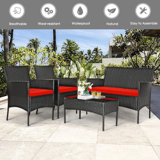  - 4 Pieces Patio Rattan Cushioned Sofa Set with Tempered Glass Coffee Table - Outdoor Style Company