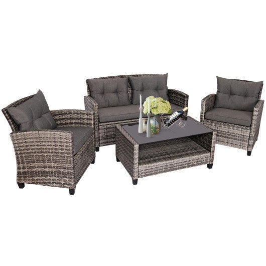  - 4 Pieces Patio Rattan Furniture Set Coffee Table Cushioned Sofa - Outdoor Style Company