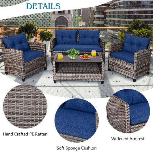  - 4 Pieces Patio Rattan Furniture Set Coffee Table Cushioned Sofa - Outdoor Style Company