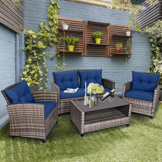  - 4 Pieces Patio Rattan Furniture Set Coffee Table Cushioned Sofa - Outdoor Style Company