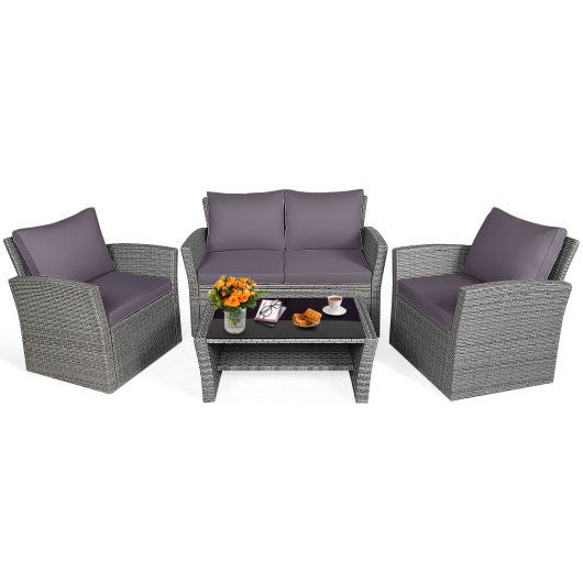  - 4 Pieces Patio Rattan Furniture Set Sofa Table with Storage Shelf Cushion - Outdoor Style Company