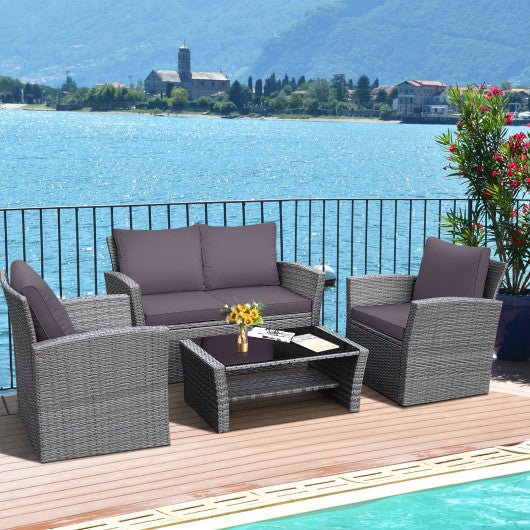  - 4 Pieces Patio Rattan Furniture Set Sofa Table with Storage Shelf Cushion - Outdoor Style Company