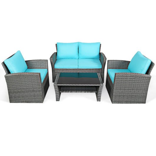  - 4 Pieces Patio Rattan Furniture Set Sofa Table with Storage Shelf Cushion - Outdoor Style Company