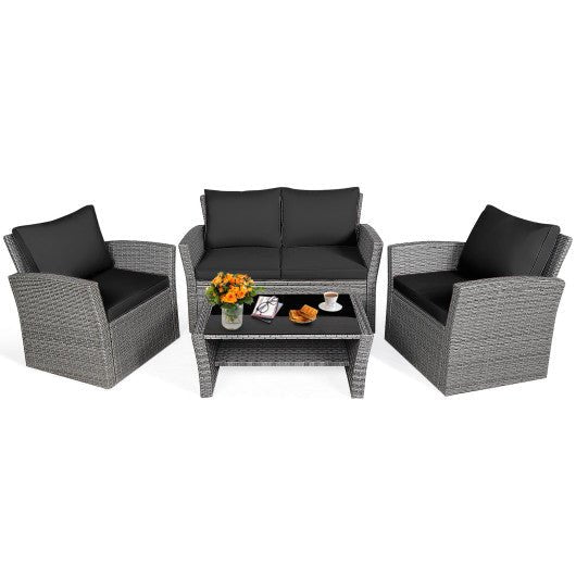  - 4 Pieces Patio Rattan Furniture Set Sofa Table with Storage Shelf Cushion - Outdoor Style Company