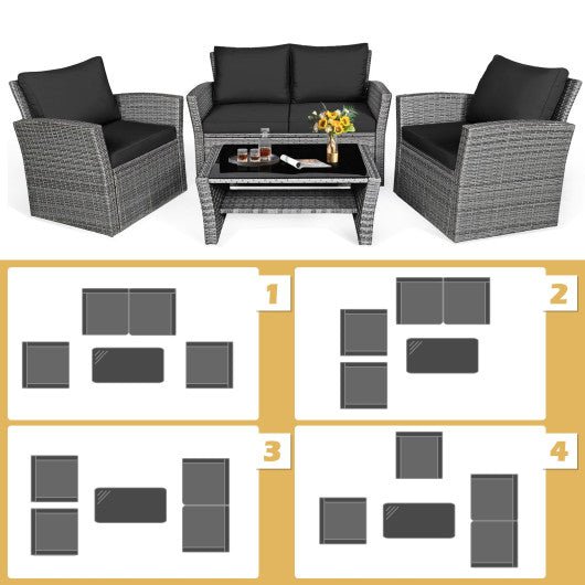  - 4 Pieces Patio Rattan Furniture Set Sofa Table with Storage Shelf Cushion - Outdoor Style Company