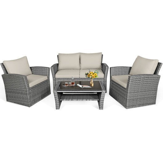  - 4 Pieces Patio Rattan Furniture Set Sofa Table with Storage Shelf Cushion - Outdoor Style Company