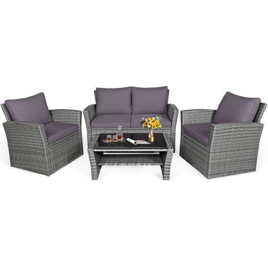  - 4 Pieces Patio Rattan Furniture Set Sofa Table with Storage Shelf Cushion - Outdoor Style Company