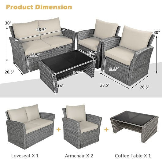  - 4 Pieces Patio Rattan Furniture Set Sofa Table with Storage Shelf Cushion - Outdoor Style Company