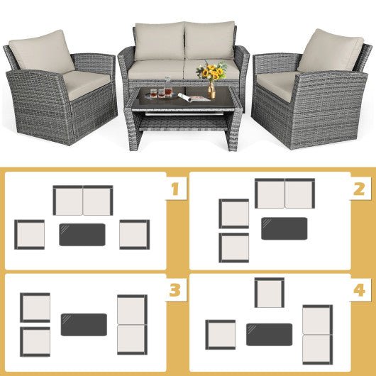  - 4 Pieces Patio Rattan Furniture Set Sofa Table with Storage Shelf Cushion - Outdoor Style Company