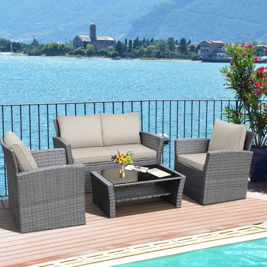  - 4 Pieces Patio Rattan Furniture Set Sofa Table with Storage Shelf Cushion - Outdoor Style Company