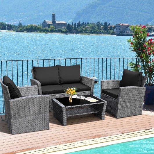  - 4 Pieces Patio Rattan Furniture Set Sofa Table with Storage Shelf Cushion - Outdoor Style Company