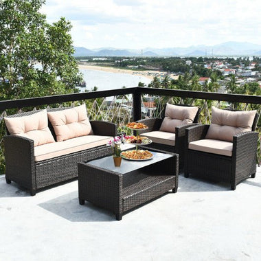  - 4 Pieces Patio Rattan Furniture Set with Tempered Glass Coffee Table - Outdoor Style Company