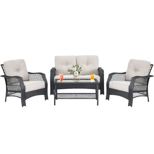  - 4 Pieces Patio Wicker Furniture Set Loveseat Sofa Coffee Table with Cushion - Outdoor Style Company