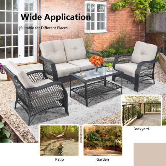  - 4 Pieces Patio Wicker Furniture Set Loveseat Sofa Coffee Table with Cushion - Outdoor Style Company