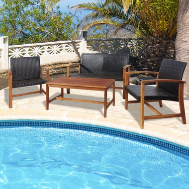  - 4 Pieces PE Rattan Patio Furniture Set with Solid Acacia Wood - Outdoor Style Company