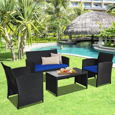  - 4 Pieces Rattan Patio Furniture Set with Weather Resistant Cushions and Tempered Glass Tabletop - Outdoor Style Company