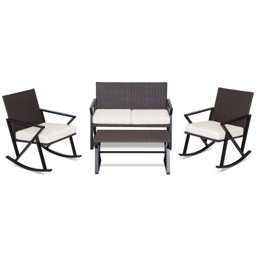  - 4 Pieces Rattan Patio Rocking Furniture Set with Loveseat and Coffee Table - Outdoor Style Company