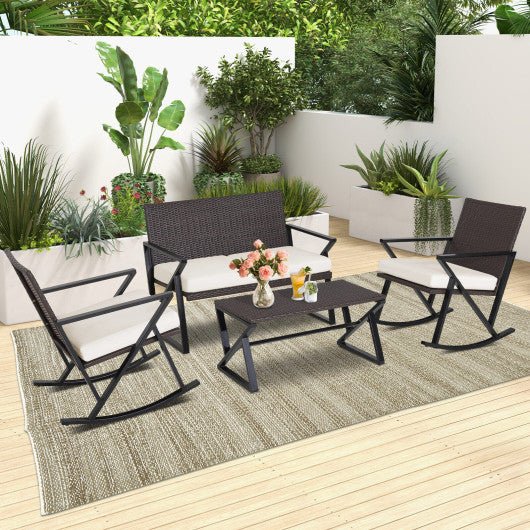  - 4 Pieces Rattan Patio Rocking Furniture Set with Loveseat and Coffee Table - Outdoor Style Company