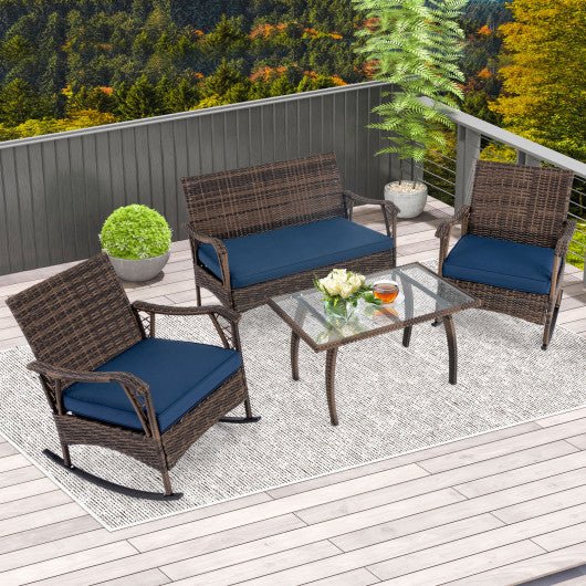  - 4 Pieces Wicker Rocking Set with Bungee Rope Seat for Porch Yard - Outdoor Style Company