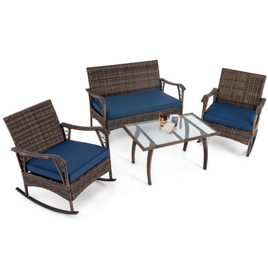  - 4 Pieces Wicker Rocking Set with Bungee Rope Seat for Porch Yard - Outdoor Style Company