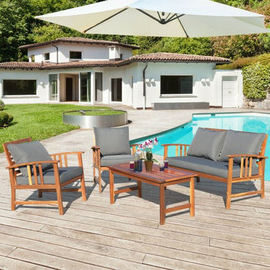  - 4 Pieces Wooden Patio Furniture Set Table Sofa Chair Cushioned Garden - Outdoor Style Company