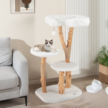  - 44 Inch Solid Wood Cat Tree with Perch and Natural Jute Scratching Posts - Outdoor Style Company