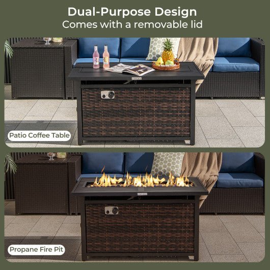  - 45 Inch Propane Rattan Firepit Table with Glass Stones and Protective Cover - Mixed Brown - Outdoor Style Company