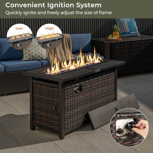  - 45 Inch Propane Rattan Firepit Table with Glass Stones and Protective Cover - Mixed Brown - Outdoor Style Company