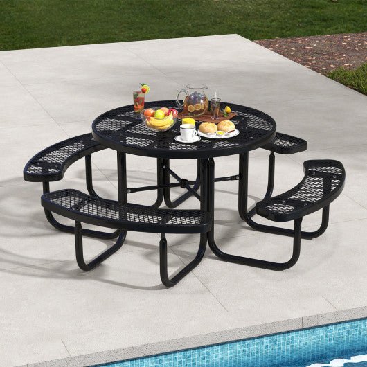  - 45 Inches Outdoor Round Picnic Table and Bench Set for 8 with Umbrella Hole - Outdoor Style Company