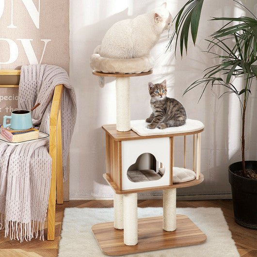  - 46 Inch Wooden Cat Activity Tree with Platform and Cushionsfor for Cats and Kittens - Outdoor Style Company