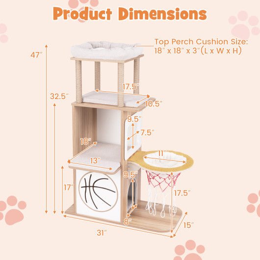  - 47 Inches Wooden Cat Tree with 2 - Story Cat Condo and Basketball Hoop Hammock - Outdoor Style Company