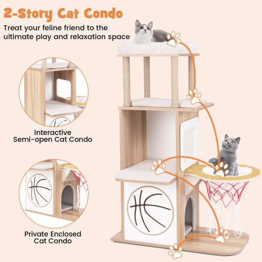  - 47 Inches Wooden Cat Tree with 2 - Story Cat Condo and Basketball Hoop Hammock - Outdoor Style Company