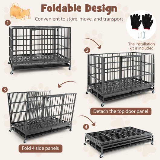  - 48 Inch Foldable Heavy - Duty Metal Dog Cage with Lockable Rolling Casters and Tray - 48 inches - Outdoor Style Company