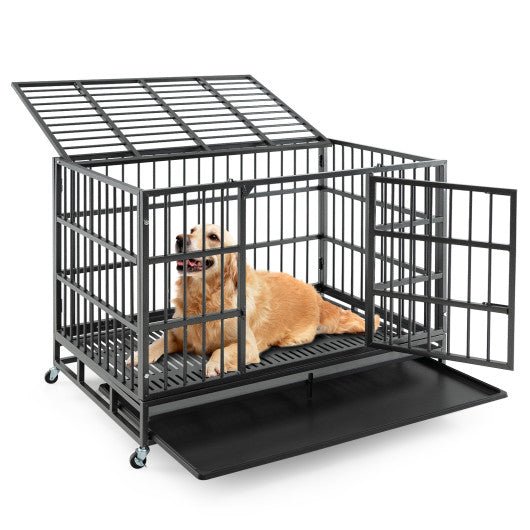  - 48 Inch Foldable Heavy - Duty Metal Dog Cage with Lockable Rolling Casters and Tray - 48 inches - Outdoor Style Company