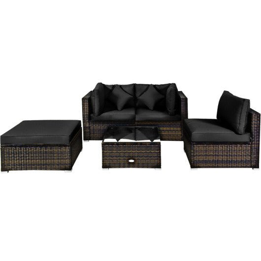  - 5 Pcs Outdoor Patio Rattan Furniture Set Sectional Conversation with Navy Cushions - Outdoor Style Company