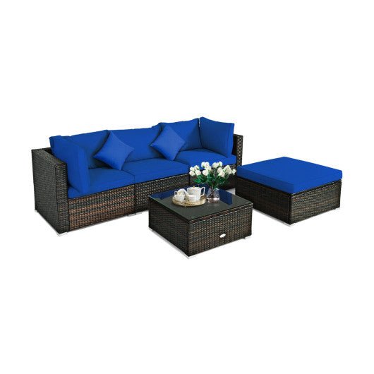  - 5 Pcs Outdoor Patio Rattan Furniture Set Sectional Conversation with Navy Cushions - Outdoor Style Company