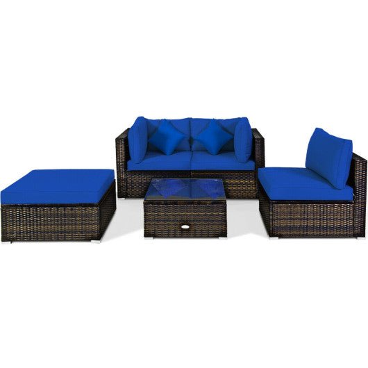  - 5 Pcs Outdoor Patio Rattan Furniture Set Sectional Conversation with Navy Cushions - Outdoor Style Company