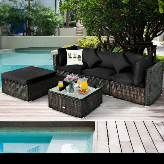  - 5 Pcs Outdoor Patio Rattan Furniture Set Sectional Conversation with Navy Cushions - Outdoor Style Company