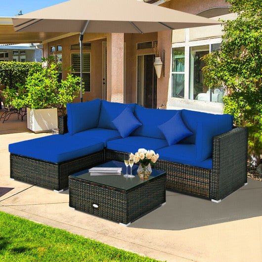  - 5 Pcs Outdoor Patio Rattan Furniture Set Sectional Conversation with Navy Cushions - Outdoor Style Company