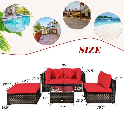  - 5 Pcs Outdoor Patio Rattan Furniture Set Sectional Conversation with Navy Cushions - Outdoor Style Company