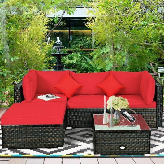  - 5 Pcs Outdoor Patio Rattan Furniture Set Sectional Conversation with Navy Cushions - Outdoor Style Company