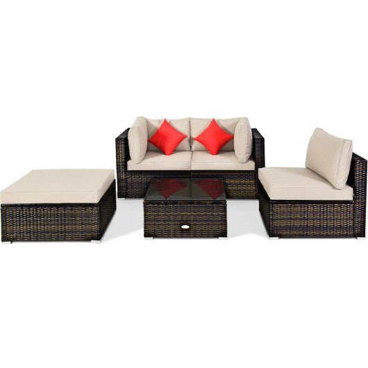  - 5 Pcs Outdoor Patio Rattan Furniture Set Sectional Conversation with Navy Cushions - Outdoor Style Company