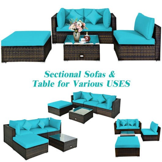  - 5 Pcs Outdoor Patio Rattan Furniture Set Sectional Conversation with Navy Cushions - Outdoor Style Company